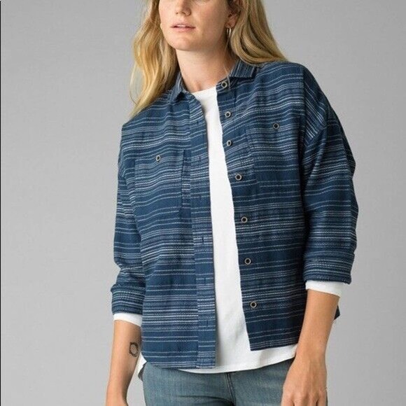 Prana Tops - Prana Womens Medium Dyri Organic Cotton Boxy Top Blue Striped Button Shirt EUC